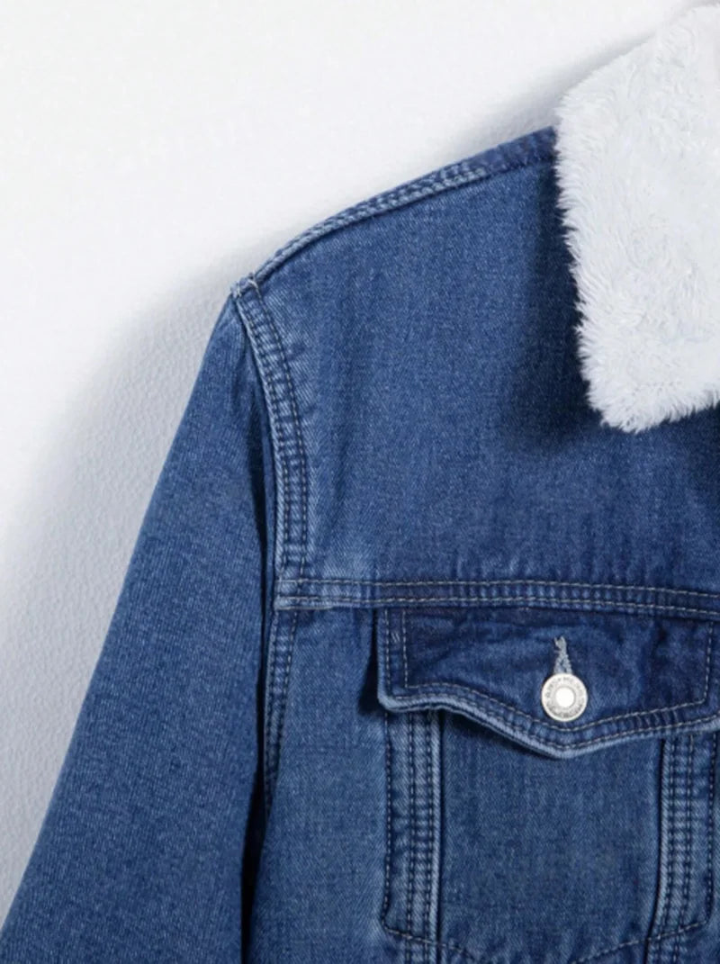 Men Denim Top"Blue Sherpa Fleece Lined Denim Jacket Lamb Fur Collar"