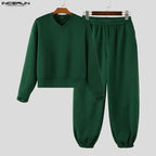 Men Matching Set "INCERUN Men's Sets Solid Color Loose V Neck Long Sleeve Hoodies Pants"
