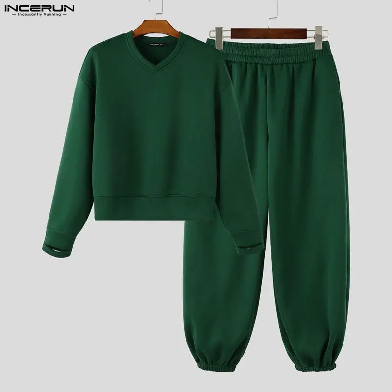 Men Matching Set "INCERUN Men's Sets Solid Color Loose V Neck Long Sleeve Hoodies Pants"