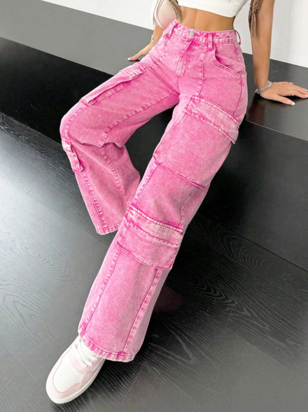 Women Jeans "Pink Cotton Women's Wide-Leg Loose-Fitting Multi-Pocket Y2K Jeans"