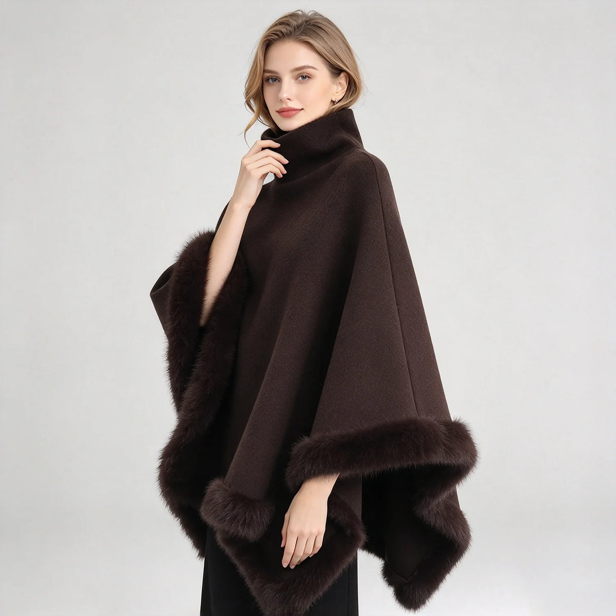Women Coat & Jacket "LIMO Women High Neck Cape Coat Faux Fur Trim Poncho"