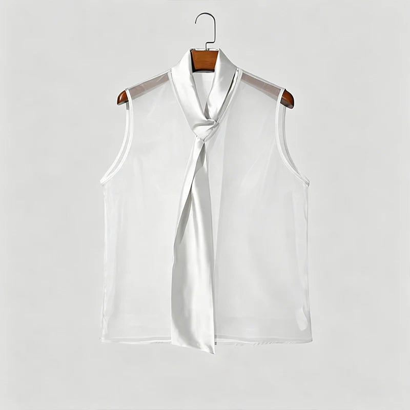 Men Tank "See Through Sleeveless, Tie Neck"