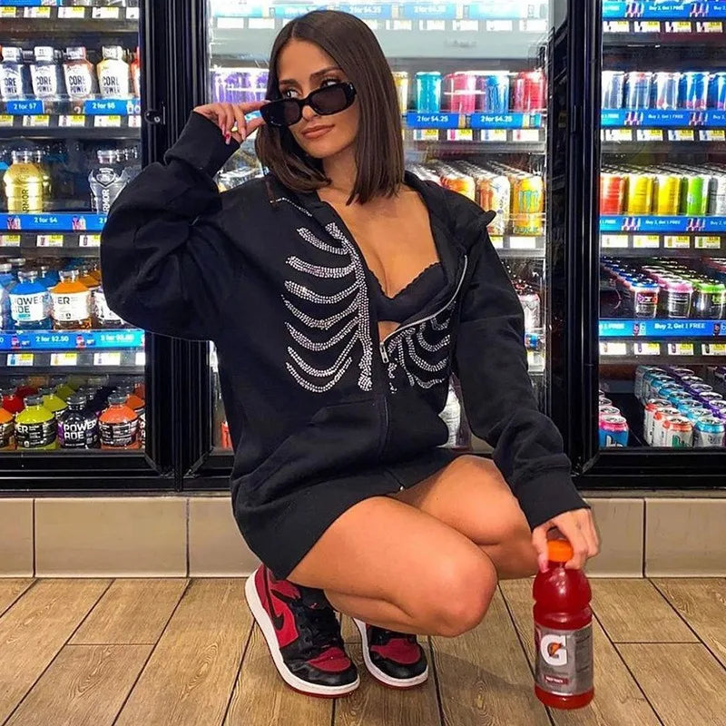 Women Sweaters & Hoodies "Y2K Rhinestone Skeleton Hoodies Women Gothic Black Zip Up"