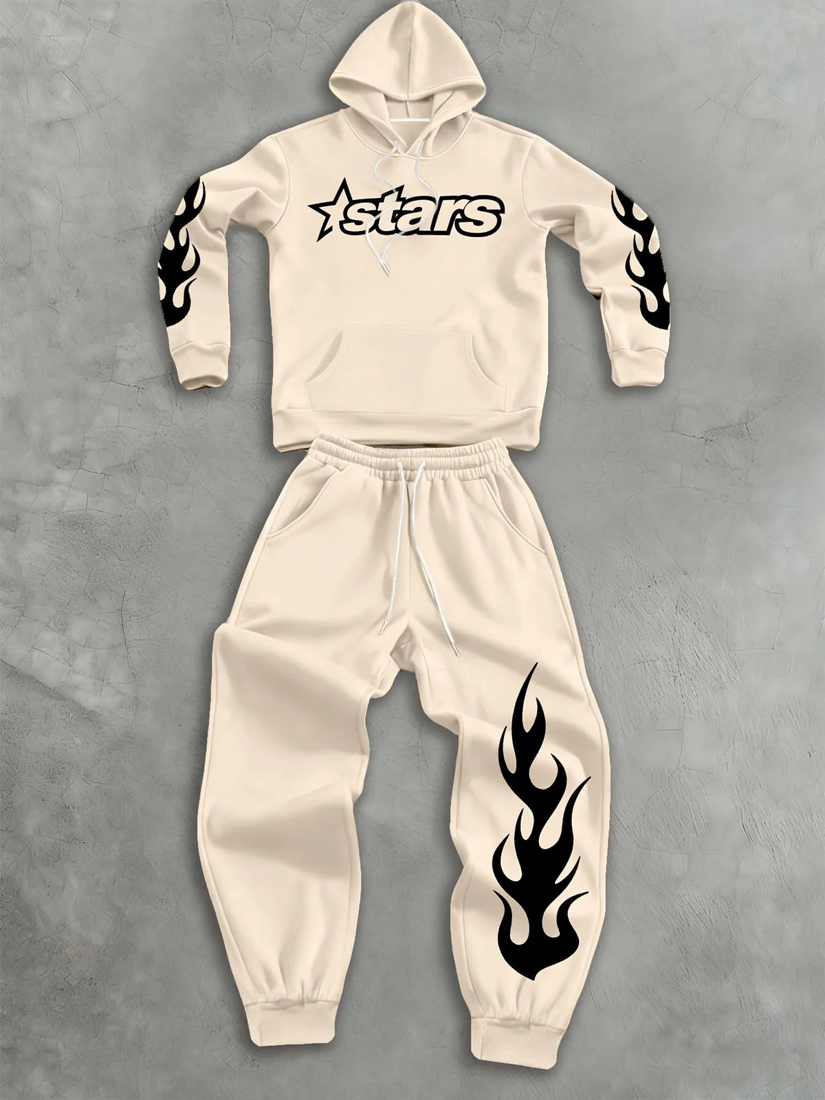 Men Matching Set "Baggy Tracksuit Star Flame Pattern Print Hoodie Pants Set Relaxed"