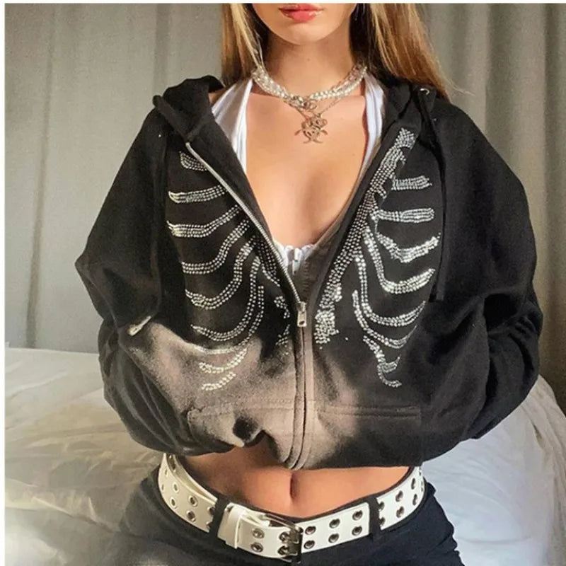 Women Sweaters & Hoodies "Y2K Rhinestone Skeleton Hoodies Women Gothic Black Zip Up"