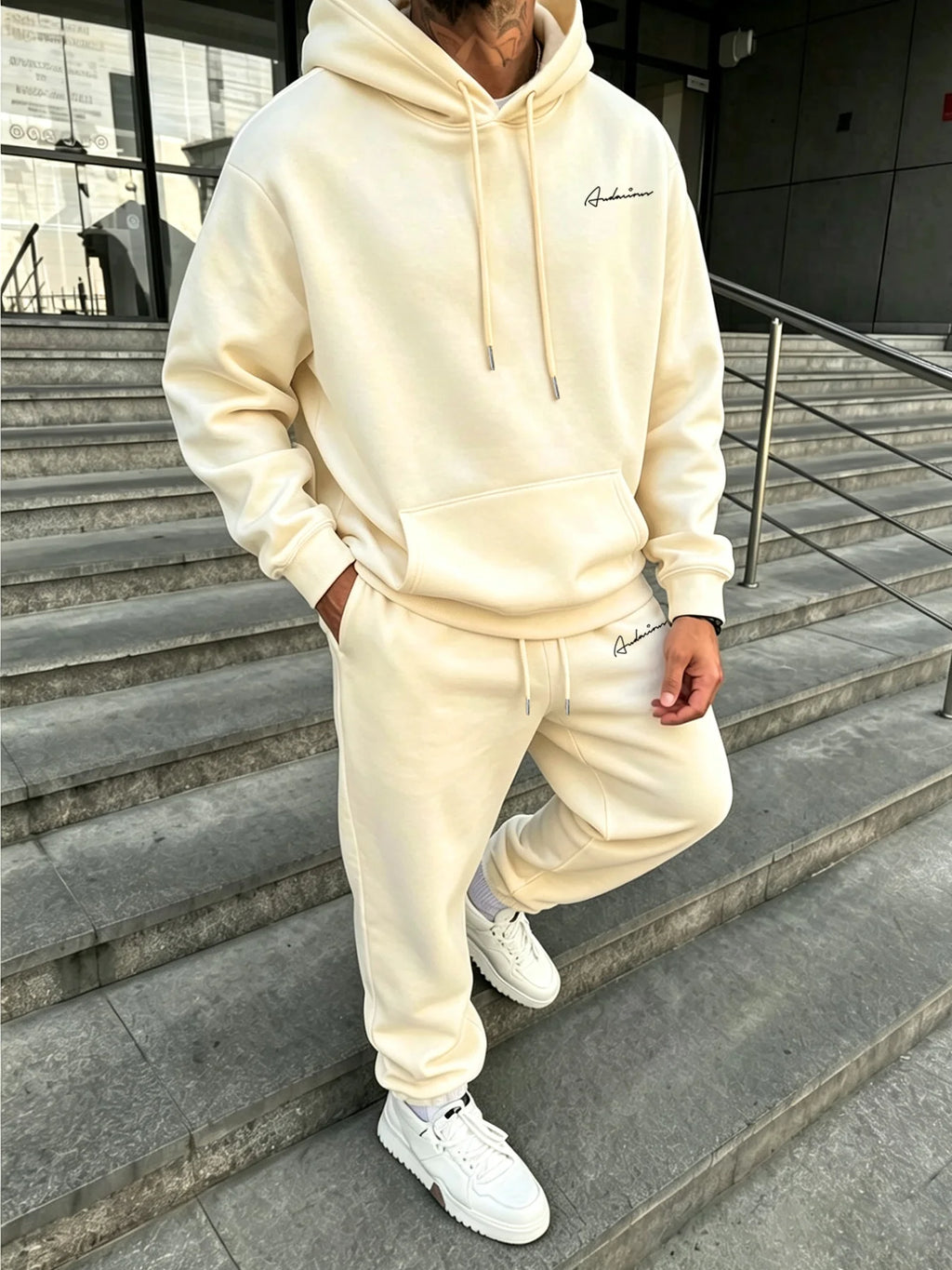 Men Matching Set "Premium Men's 2 Piece Hoodie Tracksuit, Exquisite Cursive Handwritten Signature"