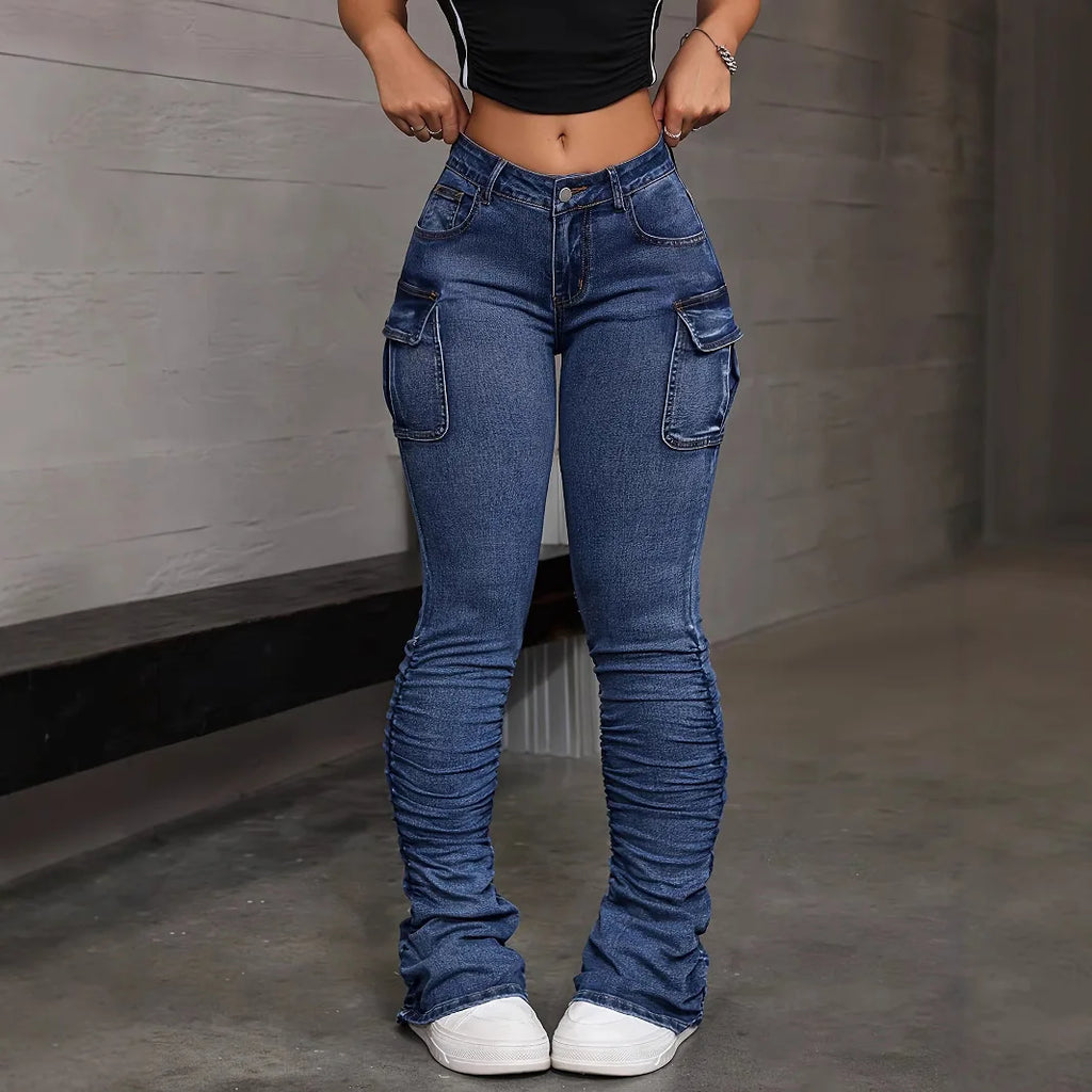 Women's High Waisted Elastic Casual Leg Stack Jeans Sexy Hip Lifting Street Style Multi Pocket Workwear Jeans