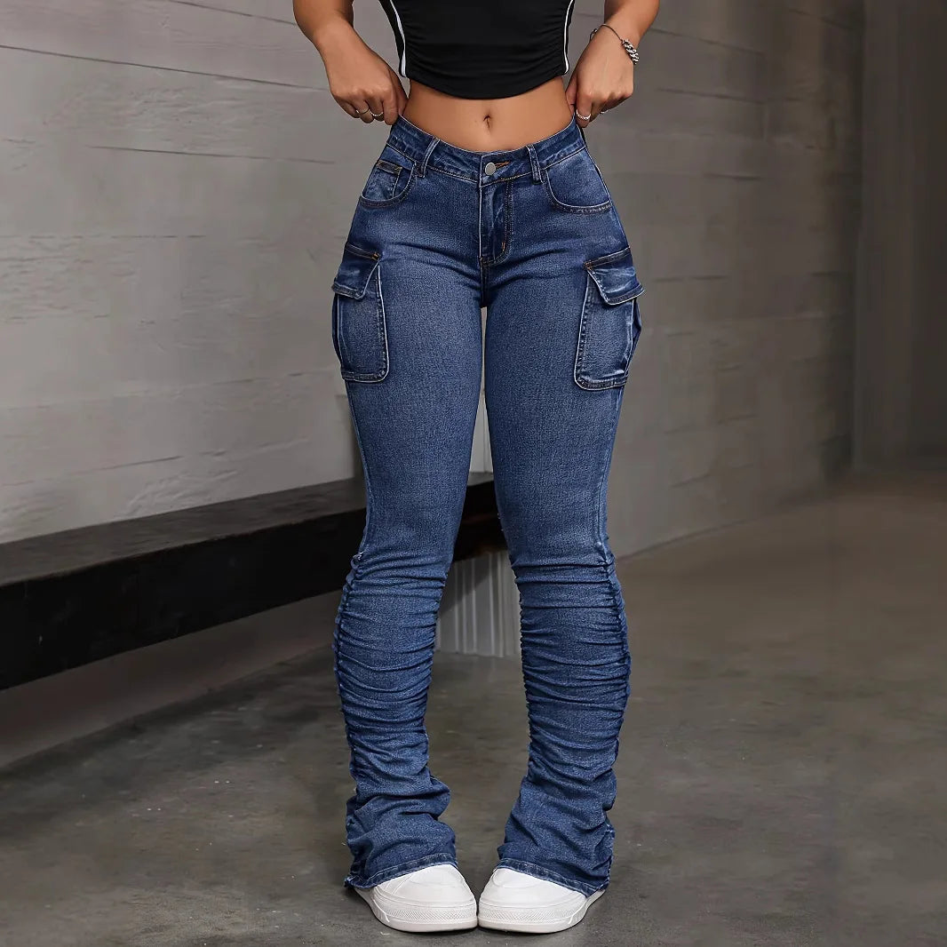 Women's High Waisted Elastic Casual Leg Stack Jeans Sexy Hip Lifting Street Style Multi Pocket Workwear Jeans
