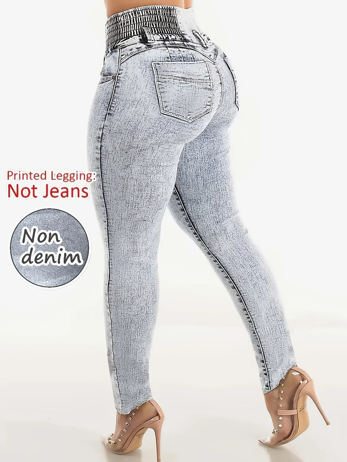 Women Jeans "Imitation Denim Printed Leggings, Non-Denim Fabric Casual Skinny Pants"
