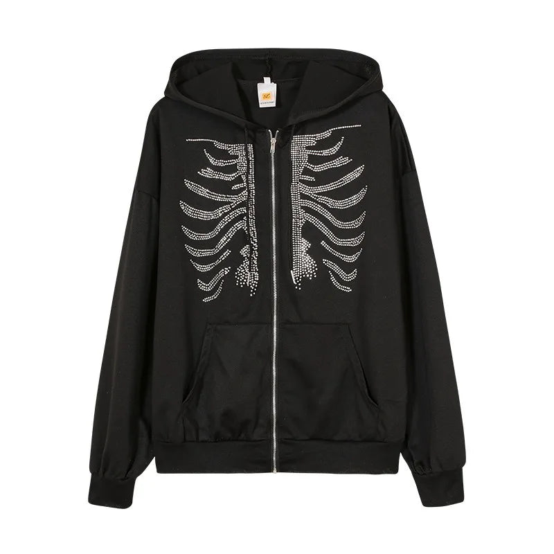 Women Sweaters & Hoodies "Y2K Rhinestone Skeleton Hoodies Women Gothic Black Zip Up"