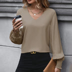 Women Blouse & Shirt "Splicing Elegant Long-sleeved Office Top Solid Color V-neck Pleated Blouses"
