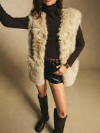 Women Coat & Jacket "HH Women Vintage Beige Faux Fur Vest V‑Neck Horn Button Sleeveless Plush Waistcoat"