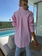 Women Blouse & Shirt "Women's Shirt Long Sleeve Striped Pocket Button Blue Casual Loose Top Street Office Pink Blouses"