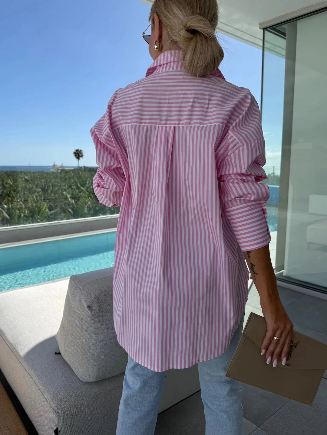 Women Blouse & Shirt "Women's Shirt Long Sleeve Striped Pocket Button Blue Casual Loose Top Street Office Pink Blouses"