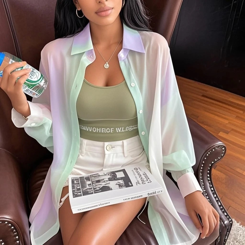Women Blouse & Shirt "See-through Irregular Gradient Rainbow Long Sleeved Shirt And Blouses"