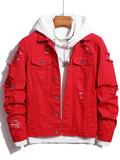 Men Denim Top"Red Large Ripped Frayed Denim Jacket"