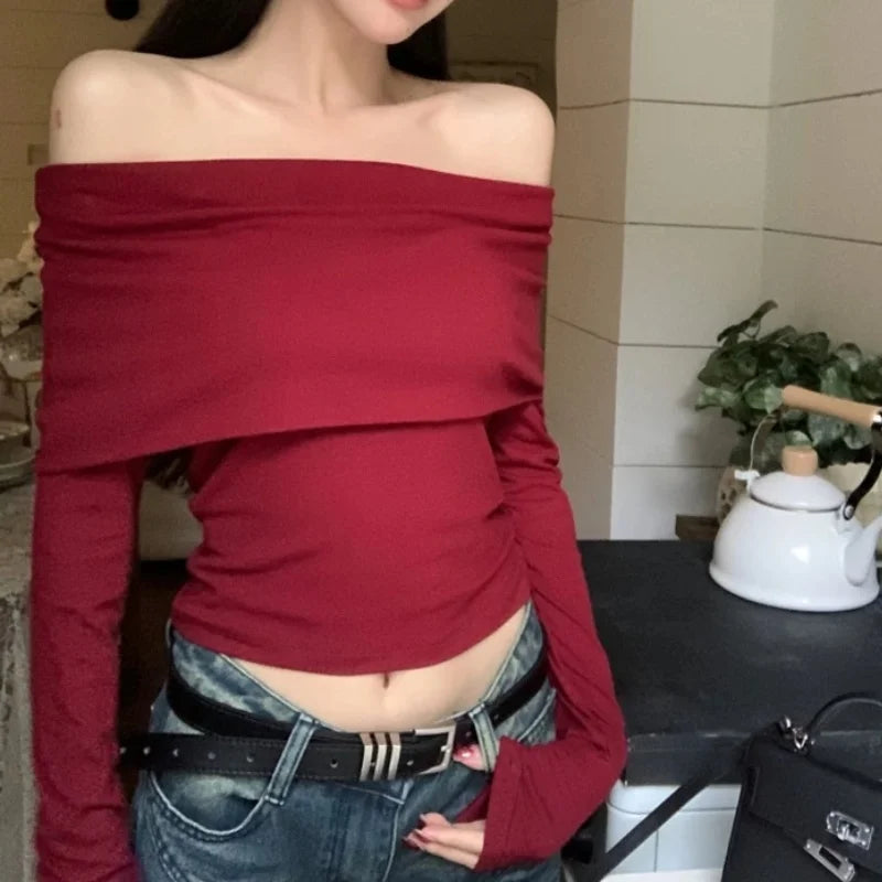Wmen T-Shirt & Polo "Black Sexy Tops Off Shoulder Long Sleeve"