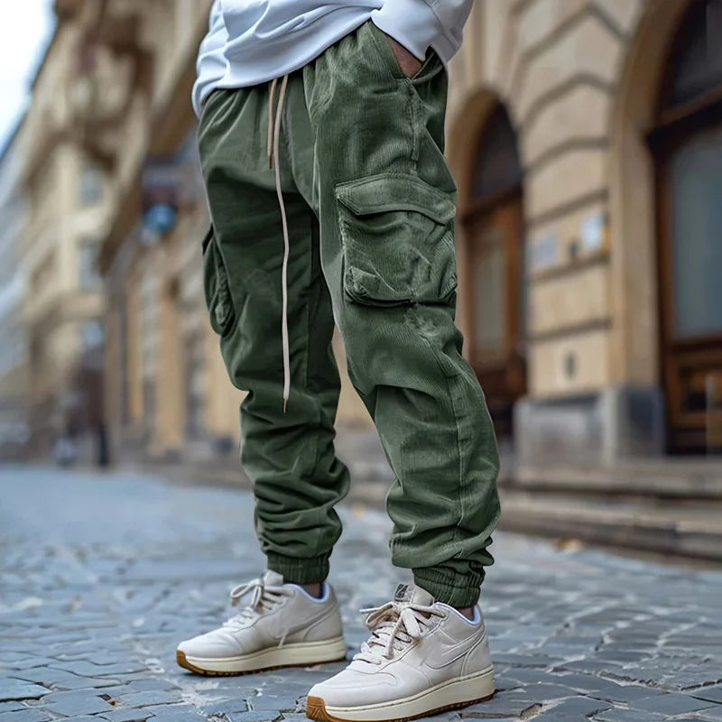 Men Cargo Pants "Vintage Solid Color Multi Pockets Corduroy"
