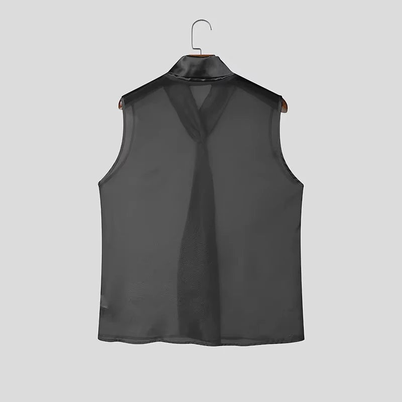 Men Tank "See Through Sleeveless, Tie Neck"